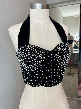 Black Pearl-Embellished Halter Bustier Crop Top